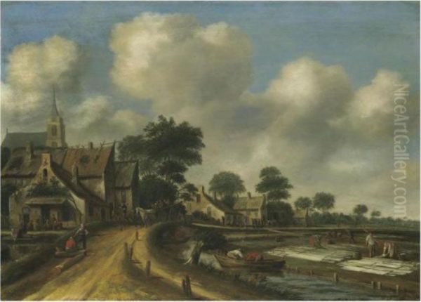 A Village Landscape With Women Bleaching Cloth Near The River Oil Painting by Thomas Heeremans