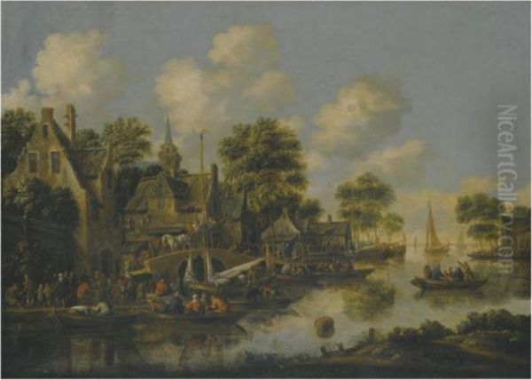 A River Landscape With Figures Unloading Their Boats Beside A Busy Village Oil Painting by Thomas Heeremans