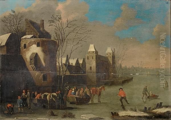 Skaters In A Winter Landscape Oil Painting by Thomas Heeremans