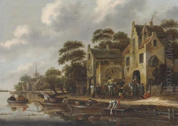 The Bank Of A River, With 
Figures In Rowboats And Travelers Outsidean Inn, A Church Beyond Oil Painting by Thomas Heeremans