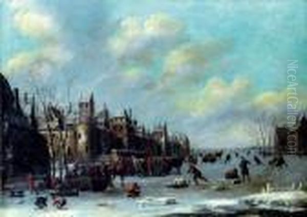 Paysage De Riviere Gelee Devant Une Ville Fortifiee Anime De Nombreux Personnages Oil Painting by Thomas Heeremans