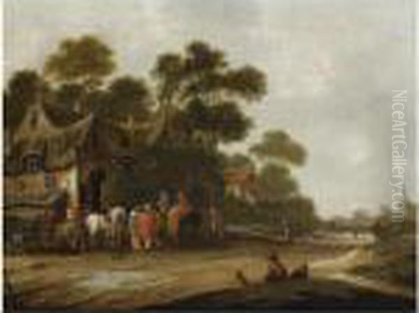 Travellers Resting With Their 
Horses In Front Of A Tavern In Avillage Street, A View Of A Church 
Beyond Oil Painting by Thomas Heeremans