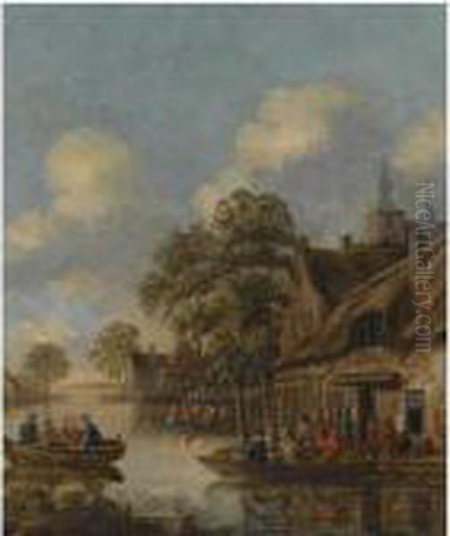 A Riverside Village, With Numerous Figures In Rowing Boats Outsidean Inn Oil Painting by Thomas Heeremans