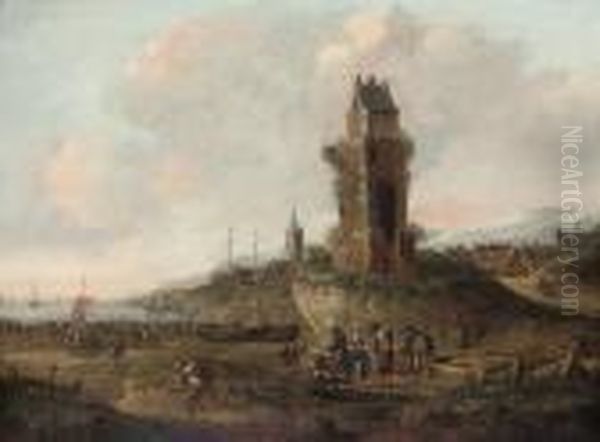 A Coastal Landscape With Figures By A Ruin, A Town Beyond Oil Painting by Thomas Heeremans