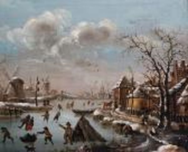 A Winter Skating Scene Oil Painting by Thomas Heeremans