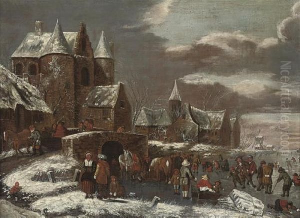 A Winter Landscape With Figures On A Frozen River Before Atown Oil Painting by Thomas Heeremans