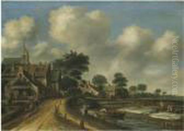 A Village Landscape With Women Bleaching Cloth Near The River Oil Painting by Thomas Heeremans