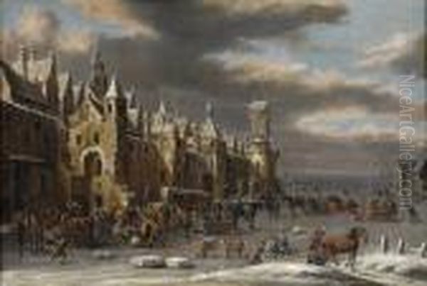 Winterliche Stadtansicht Mit Eisvergnugen Und Regem Treiben. Oil Painting by Thomas Heeremans