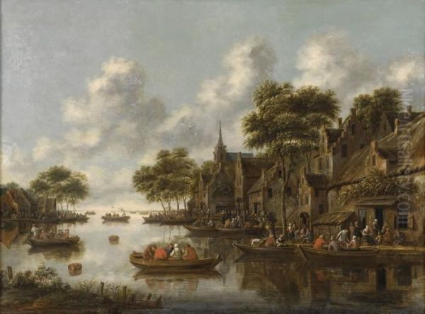 Sommerliche Flusslandschaft Mit Regem Treiben. Oil Painting by Thomas Heeremans