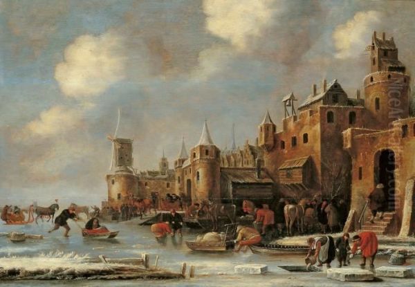 Eisvergnugen Vor Einer Stadtmauer. Oil Painting by Thomas Heeremans