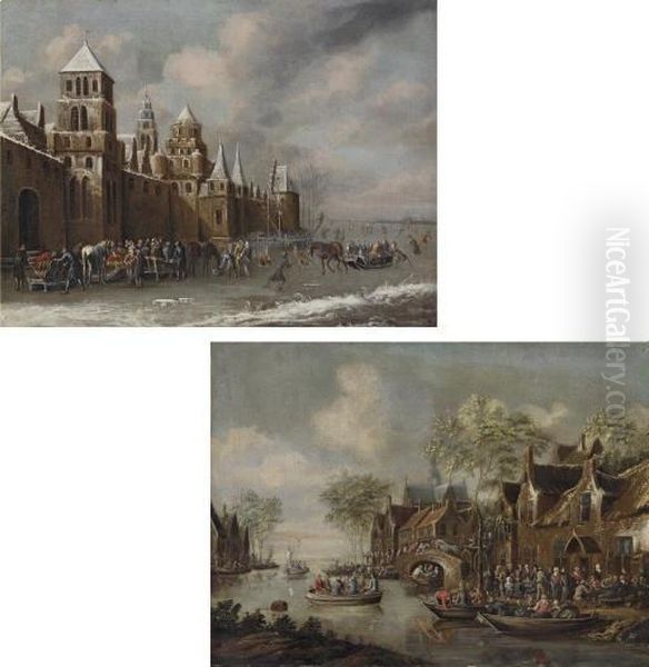 Winter: Figures Skating On A 
Frozen River By A Castle, A Town Beyond; And Spring: Figures Playing 
'drawing The Eel' On A River With Other Figures Smoking And Drinking 
Outside An Inn Oil Painting by Thomas Heeremans