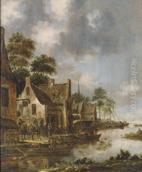 A River Landscape With Fishing Boats By A Village, Riders And Other Figures On The Bank Oil Painting by Thomas Heeremans