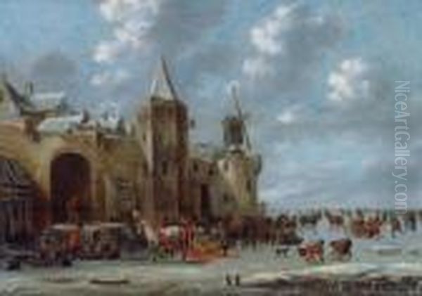 Giochi Sul Ghiaccio Di Fronte Alle Mura Di Una Citta Oil Painting by Thomas Heeremans