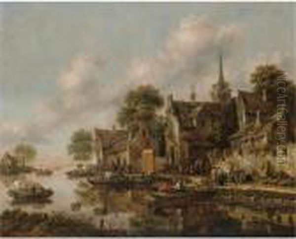 A River Landscape With Figures In Boats Moored Beside A Village Oil Painting by Thomas Heeremans