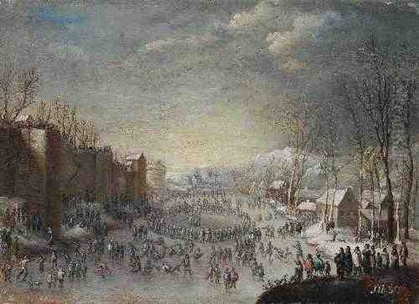 Eislaufvergnugen Vor Den Mauern Einer Stadt. Oil Painting by Thomas Heeremans