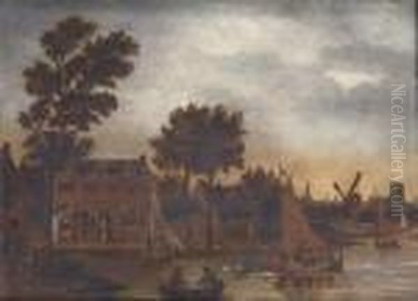 A River Landscape With A Town Oil Painting by Thomas Heeremans