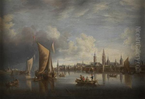 A Busy Riverside Town With Fishing And Rowing Boats Oil Painting by Thomas Heeremans