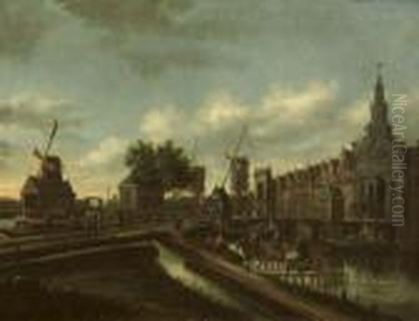 The 'haarlemmer Poort' In Amsterdam With Figures On A Road And In Boats Oil Painting by Thomas Heeremans