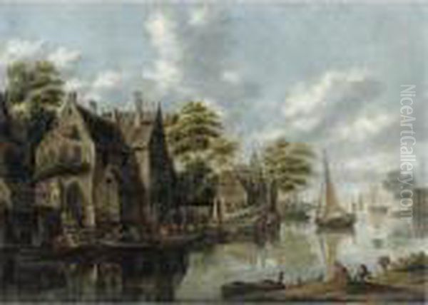 A River Landscape With Figures Outside A Tavern And Yachts Moored Alngside A Houses Oil Painting by Thomas Heeremans