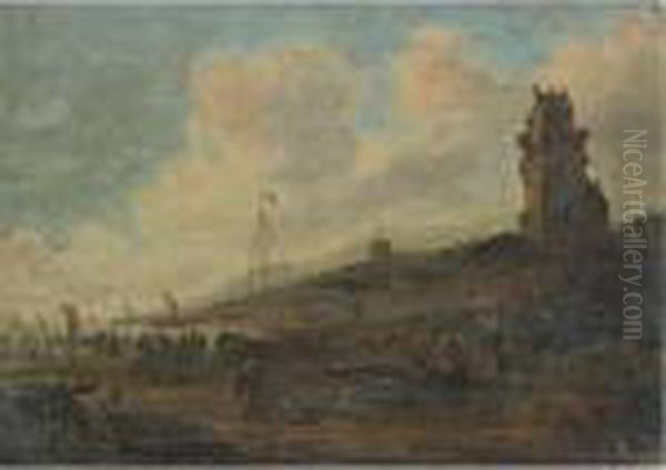 A View Of Scheveningen With Various Figures On The Beachfront Oil Painting by Thomas Heeremans