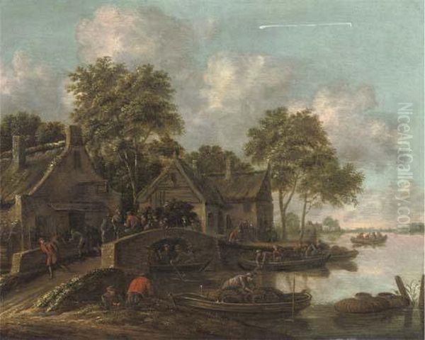 A River Landscape With Fishermen
 Bringing In Their Catch And Villagers Conversing On A Bridge Oil Painting by Thomas Heeremans