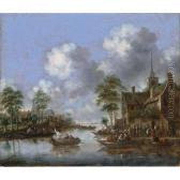 A Village Scene With Figures In Rowing Boats On A River Oil Painting by Thomas Heeremans