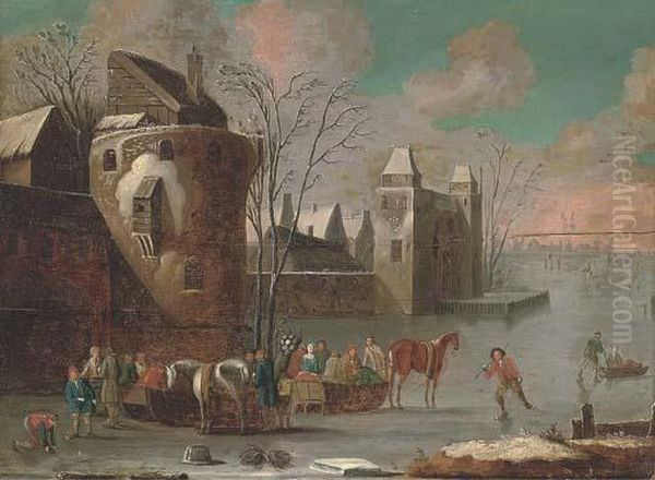 A Frozen River Landscape With Skaters Oil Painting by Thomas Heeremans