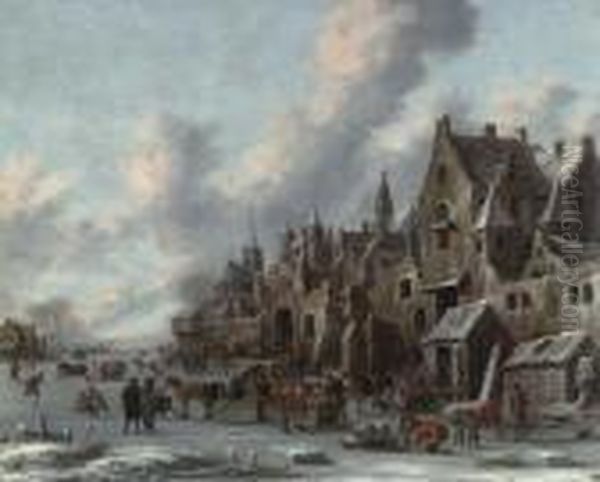 A Frozen Canal Before The Walls Of A Town With Sleigh Und Skaters. 1688. Oil Painting by Thomas Heeremans