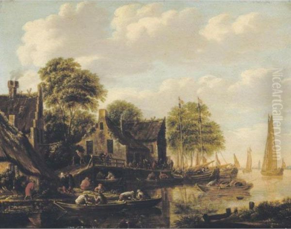 A River Landscape With Numerous Boats And Figures Outside An Inn Oil Painting by Thomas Heeremans