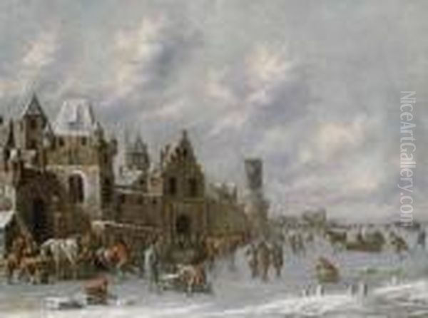 Figures On A Frozen Canal By A Walled Town Oil Painting by Thomas Heeremans