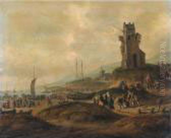 A View Of Scheveningen, With Fishermen Selling Their Catches Oil Painting by Thomas Heeremans