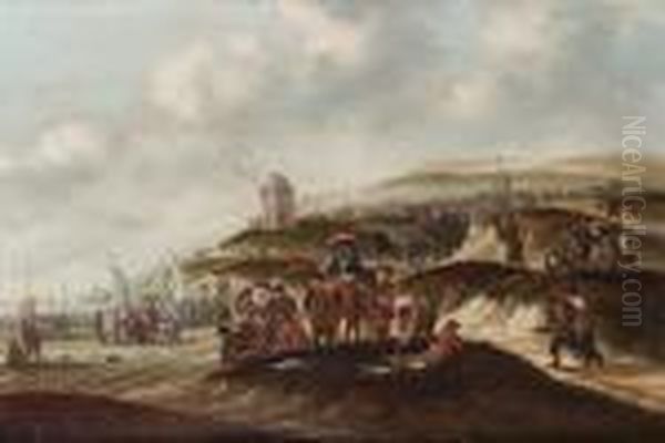 A Dune Landscape With Peasants Buying Fish, A Village Beyond by Thomas Heeremans