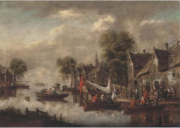 A River Landscape With Figures Merrymaking In Boats And Outside Aninn Oil Painting by Thomas Heeremans