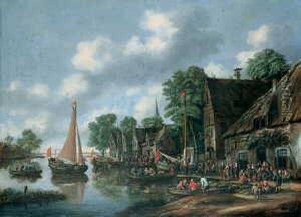 Flusslandschaft. Am Ufer Ein Dorf Mit Zahlreichen Personen. Oil Painting by Thomas Heeremans