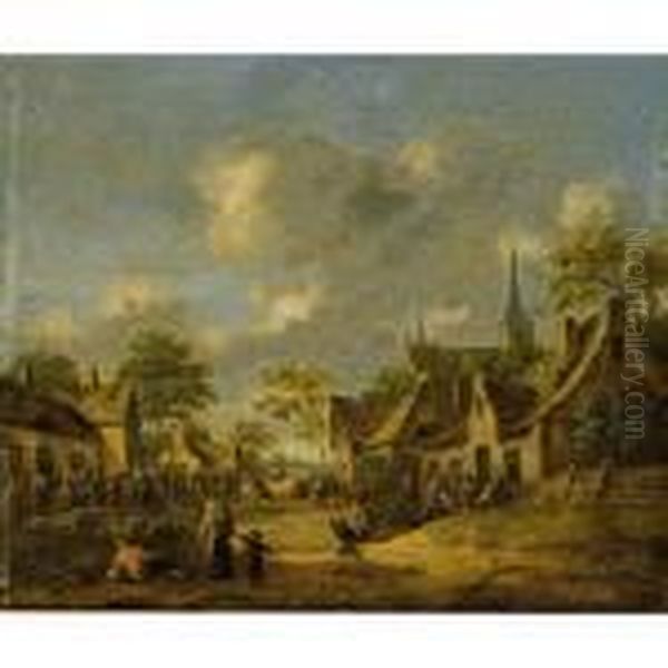 A Village Scene With Figures Near An Inn Oil Painting by Thomas Heeremans