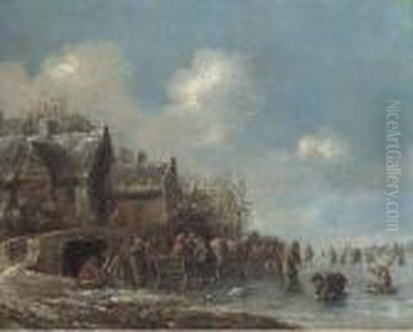 A Winter Landscape With Villagers On A Frozen Lake Oil Painting by Thomas Heeremans