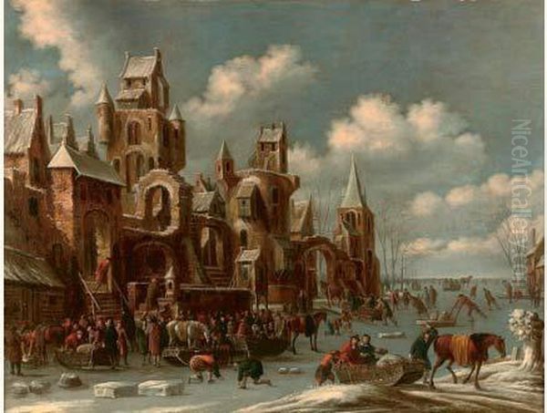 Vue De Ville Pendant L'hiver Oil Painting by Thomas Heeremans