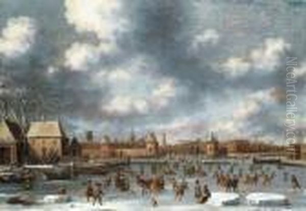 Figures Skating On A Frozen Lake Oil Painting by Thomas Heeremans