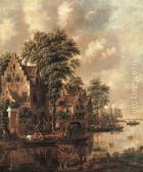 A Populated Village At The Banks Of A River Oil Painting by Thomas Heeremans