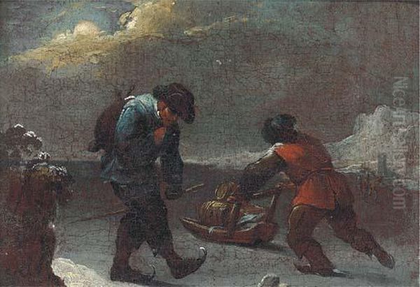 Winter Travellers With A Slay Oil Painting by Thomas Heeremans