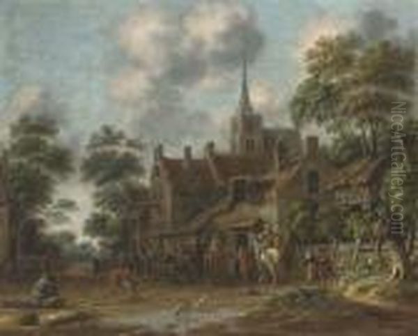 A Town With Horseman And Other Figures Drinking Outside Aninn Oil Painting by Thomas Heeremans