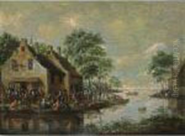 A River Landscape With Boats On The Water And Figures Drinking Outside An Inn Oil Painting by Thomas Heeremans