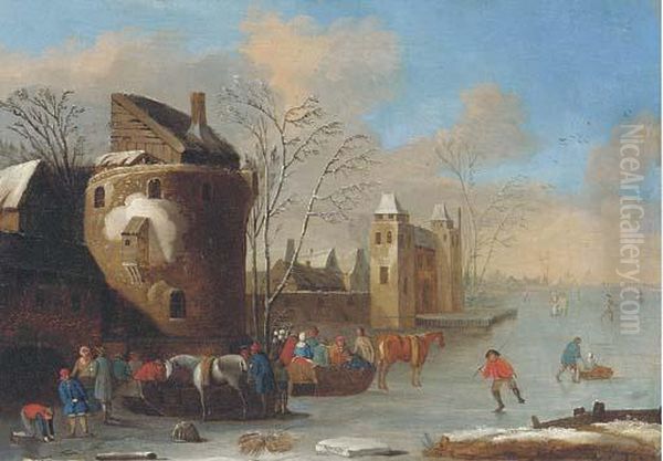 A Winter Landscape With Figures On A Frozen Lake, A Walled Townbeyond Oil Painting by Thomas Heeremans