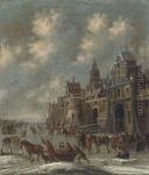 A Winter Landscape With Skaters By A Walled Town Oil Painting by Thomas Heeremans