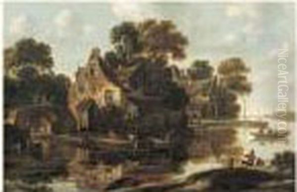 Paysage D'estuaire Dans La Campagne Hollandaise Anime De Paysans Dans Des Barques Oil Painting by Thomas Heeremans