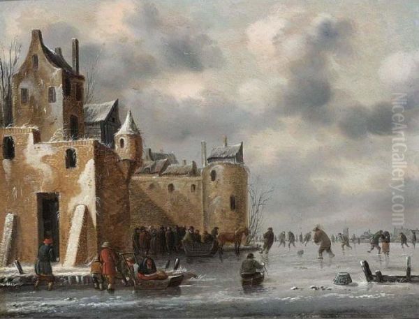 A Winter Landscape With Skaters And A Horse-drawn Sleigh Near Town Walls Oil Painting by Thomas Heeremans