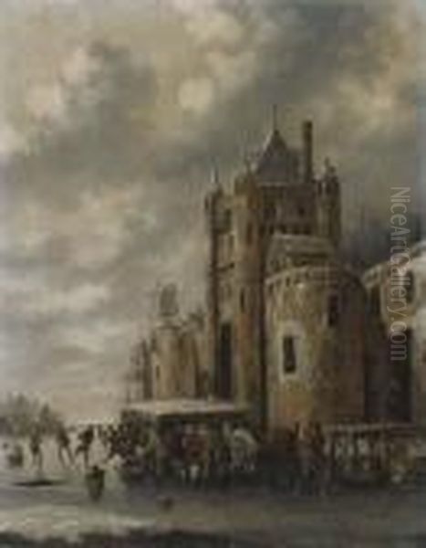 A Winter Landscape With Townsfolk Skating And Sledging On A Frozenriver Before A Castle Oil Painting by Thomas Heeremans