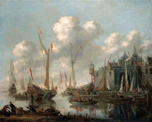 A Dutch Harbour Scene Oil Painting by Thomas Heeremans