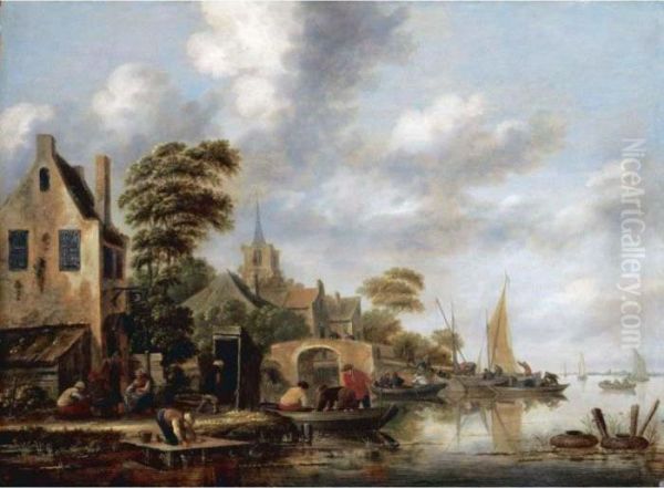 A Riverside Village With Figures Unloading Sailing Boats In The Background Oil Painting by Thomas Heeremans