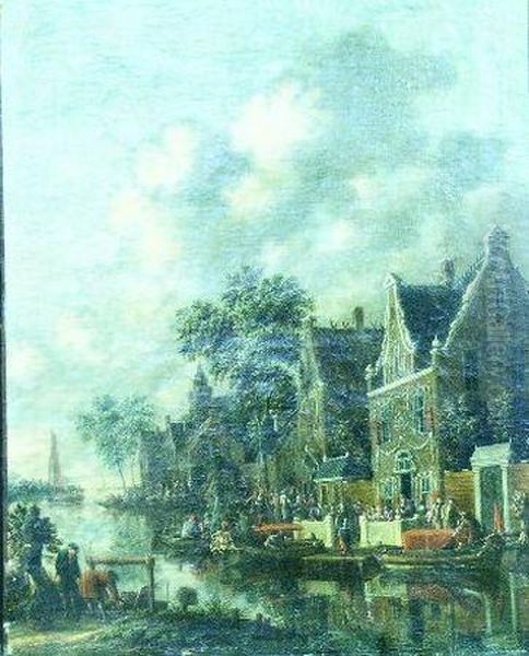 Boating Parties Along A Canal Oil Painting by Thomas Heeremans